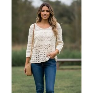Lucky Brand Sweater Womens Small Beige Cotton Crochet Open Knit Live In Love‎